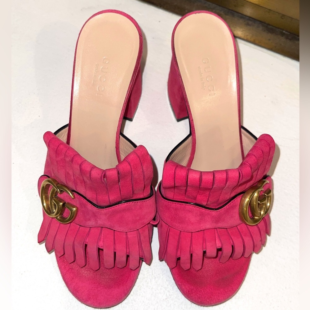 Gucci Hot Pink Suede Fringe Double G Block Heel Mules - Picture 6 of 16
